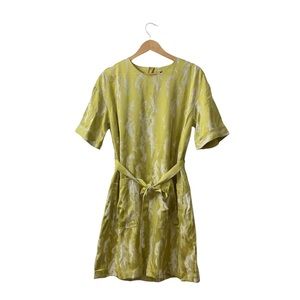 FRNCH Paris Kaki Clair NWT Shift Satin Brocade Dress W/ Belt Kimono Fabric M/L